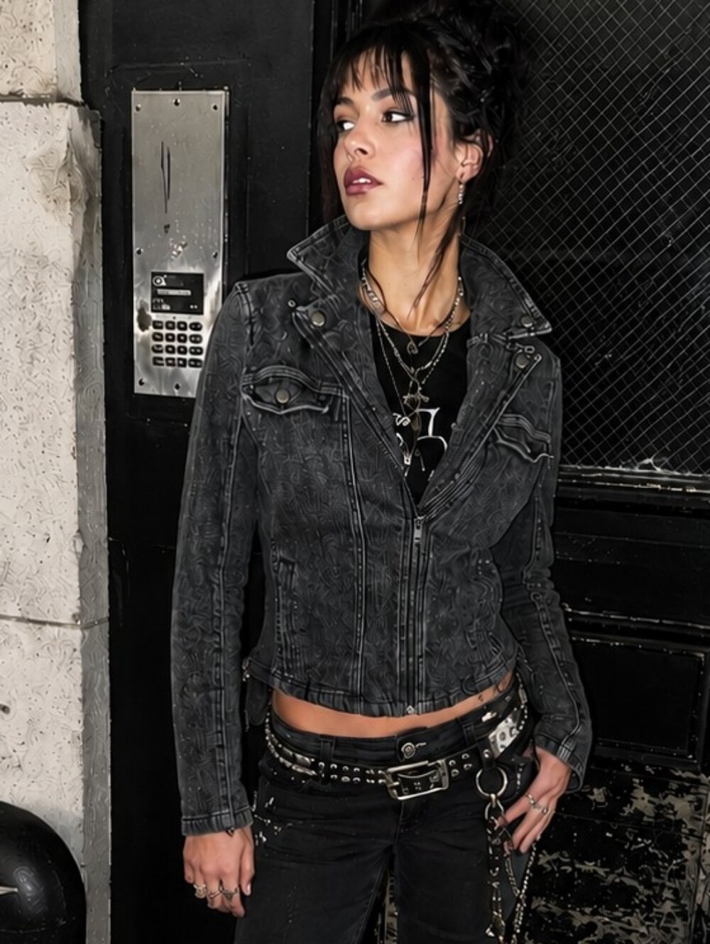 Y2K Lip Service Gray Denim Moto Jacket Sz  M Stone Wash Punk Mall Goth Alt Girl